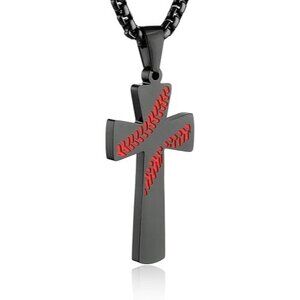 Black Baseball Cross Pendant, STRENGTH Bible Verse Stainless Steel Necklace